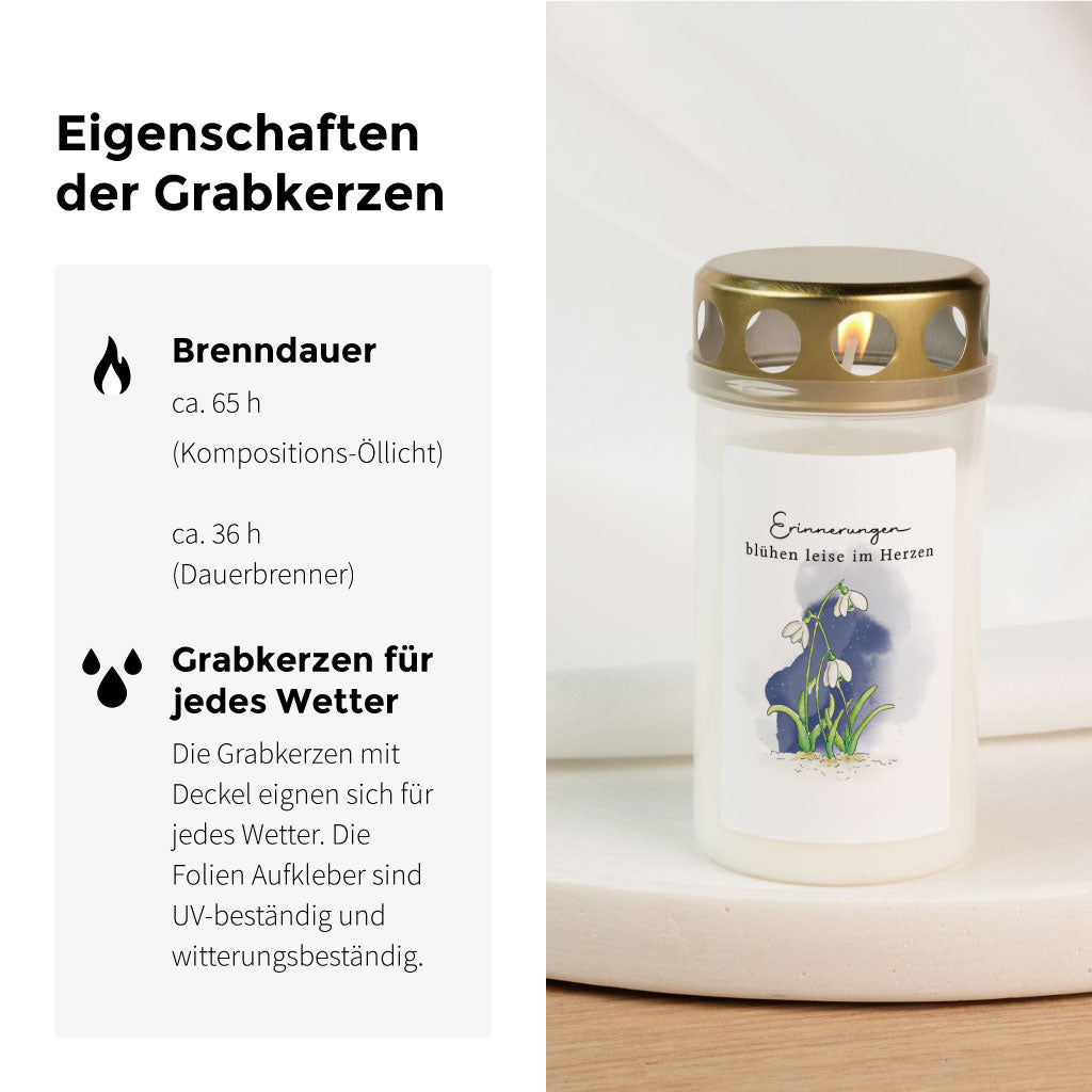 Grabkerze mit Schneeglöckchen-Aquarell und Schriftzug, daneben Informationen zur langen Brenndauer und Witterungsbeständigkeit – ideal für alle Jahreszeiten.