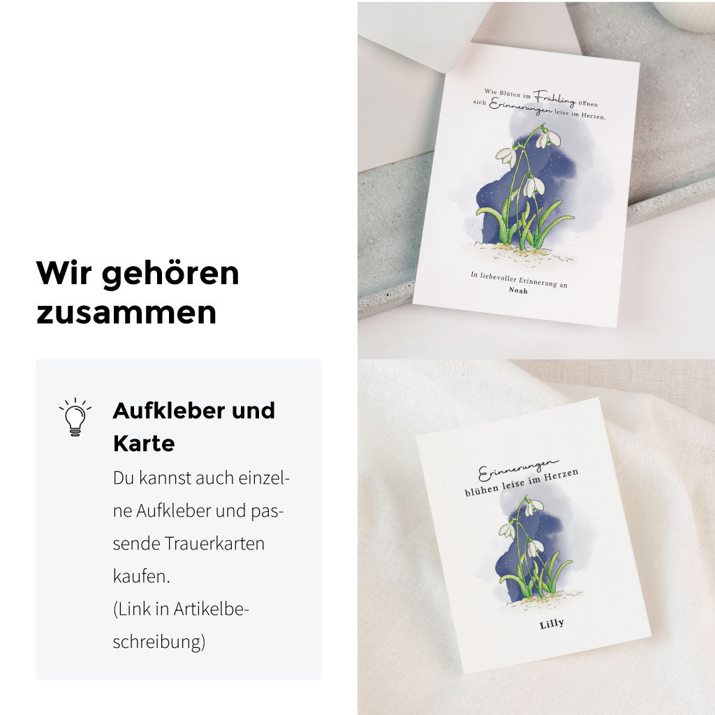 Passende Trauerkarte und Aufkleber mit handgemaltem Schneeglöckchen-Aquarell im Set zur Grabkerze – ideal als Erinnerungsgeschenk für Sternenkinder und Erwachsene.
