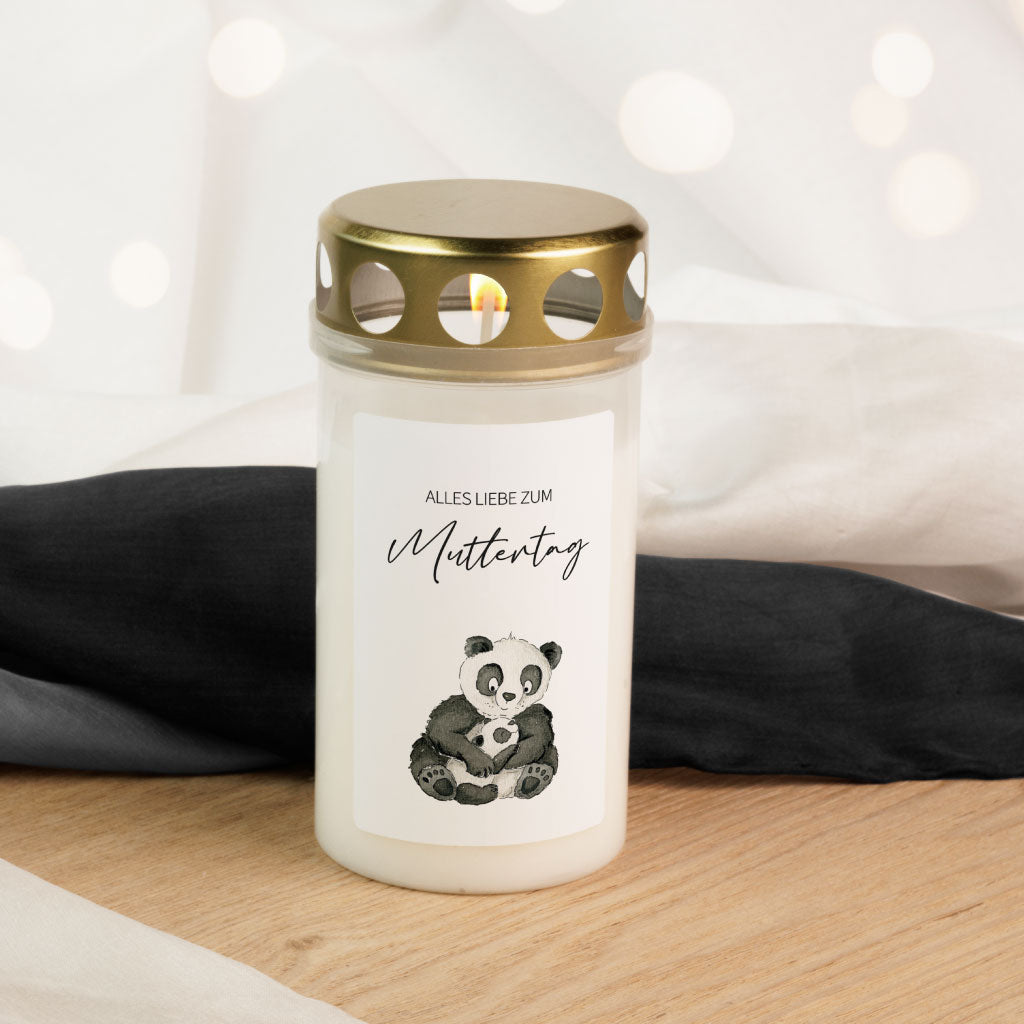 Grabkerze zum Muttertag mit Panda Bären Motiv