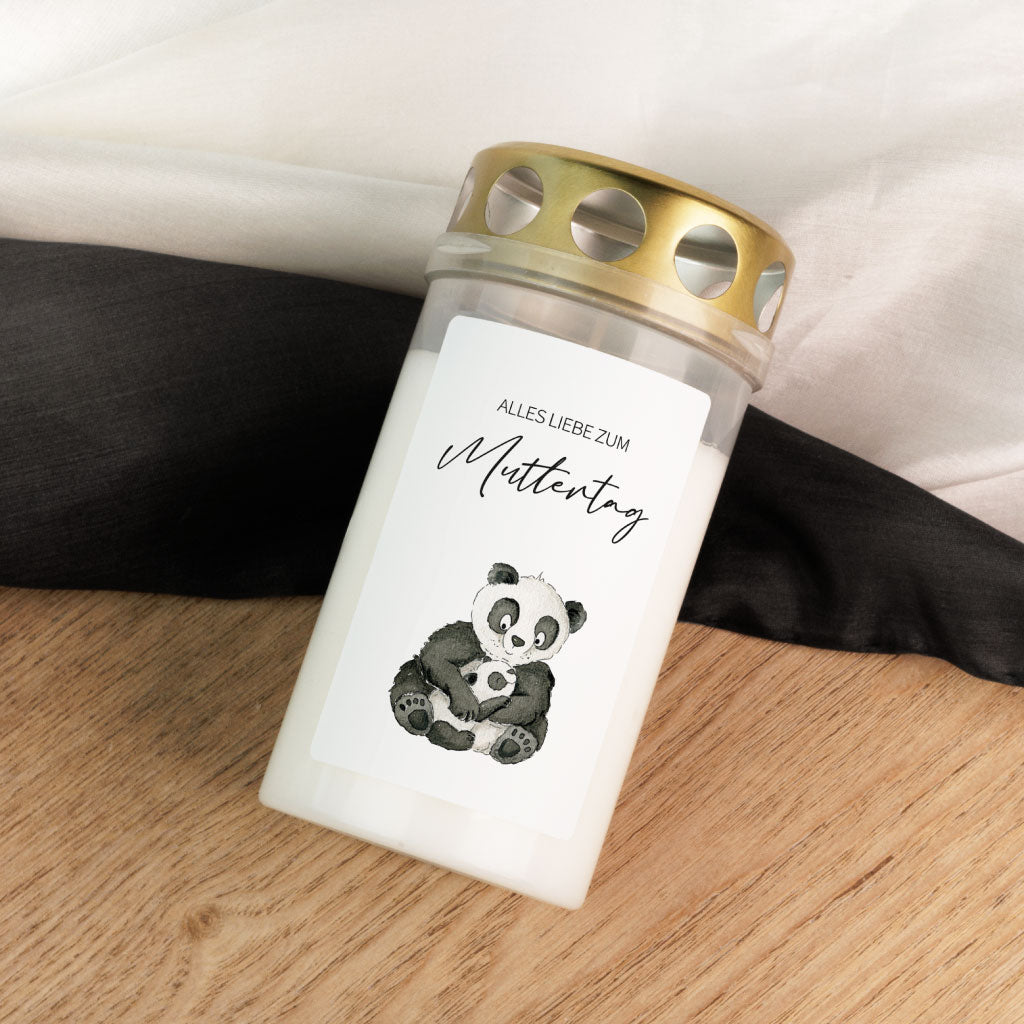 Spruch "Alles Liebe zum Muttertag" über handgenaltem Tier Motiv mit Mama und Baby Panda Bär