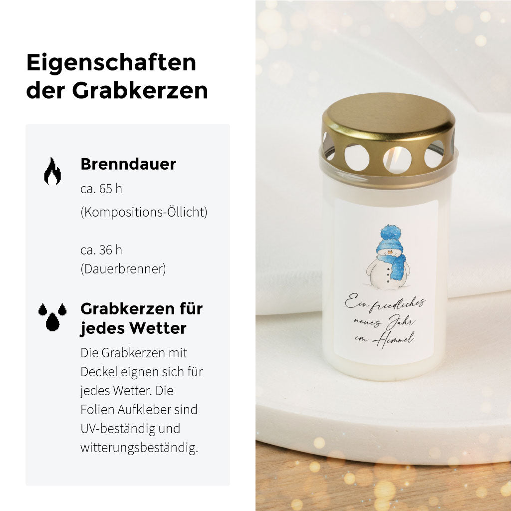 Grabkerze mit Schneemann-Aufkleber und goldenem Deckel, Eigenschaften wie lange Brenndauer und wetterfest, ideal als Andenken zu Neujahr.