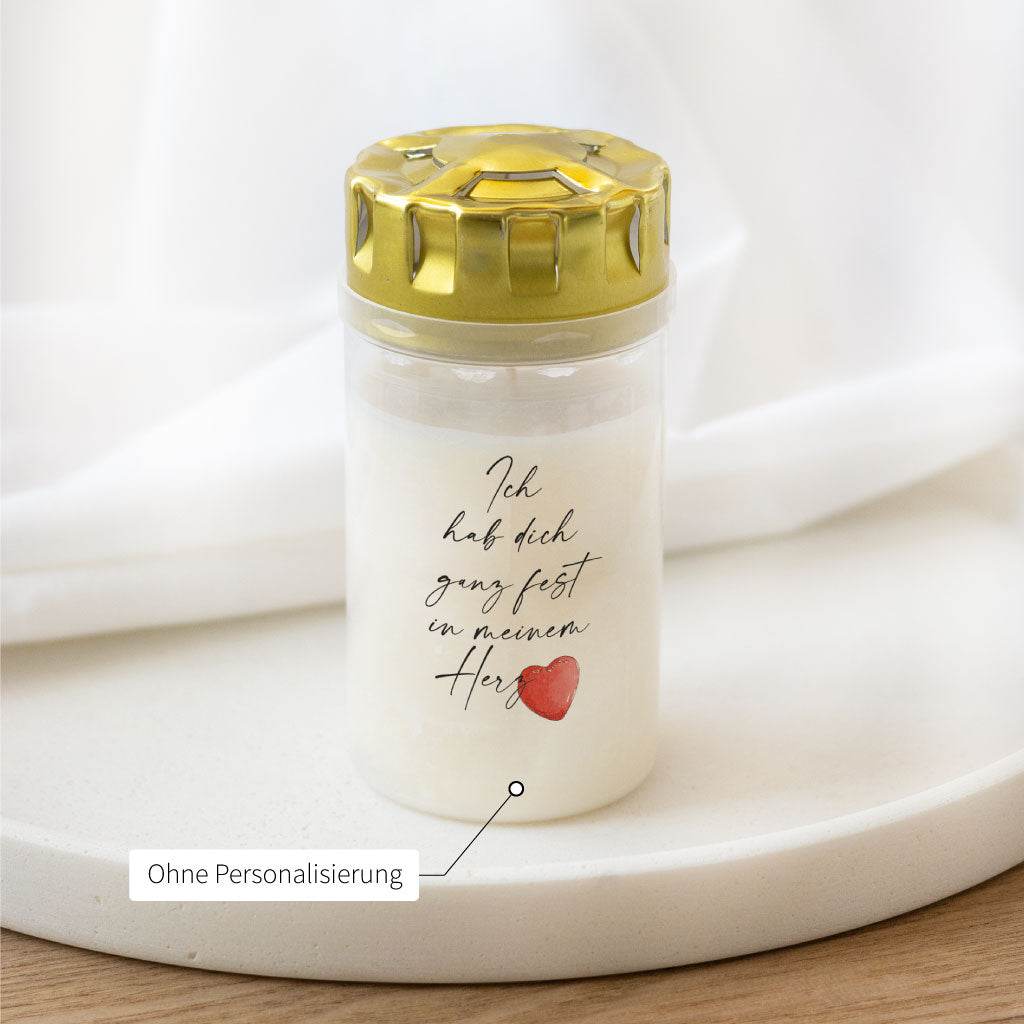 Grabkerze mit liebevollem Trauerspruch und Aquarell-Herz ohne Personalisierung – ideal als stilles Gedenken oder besonderes Geschenk.