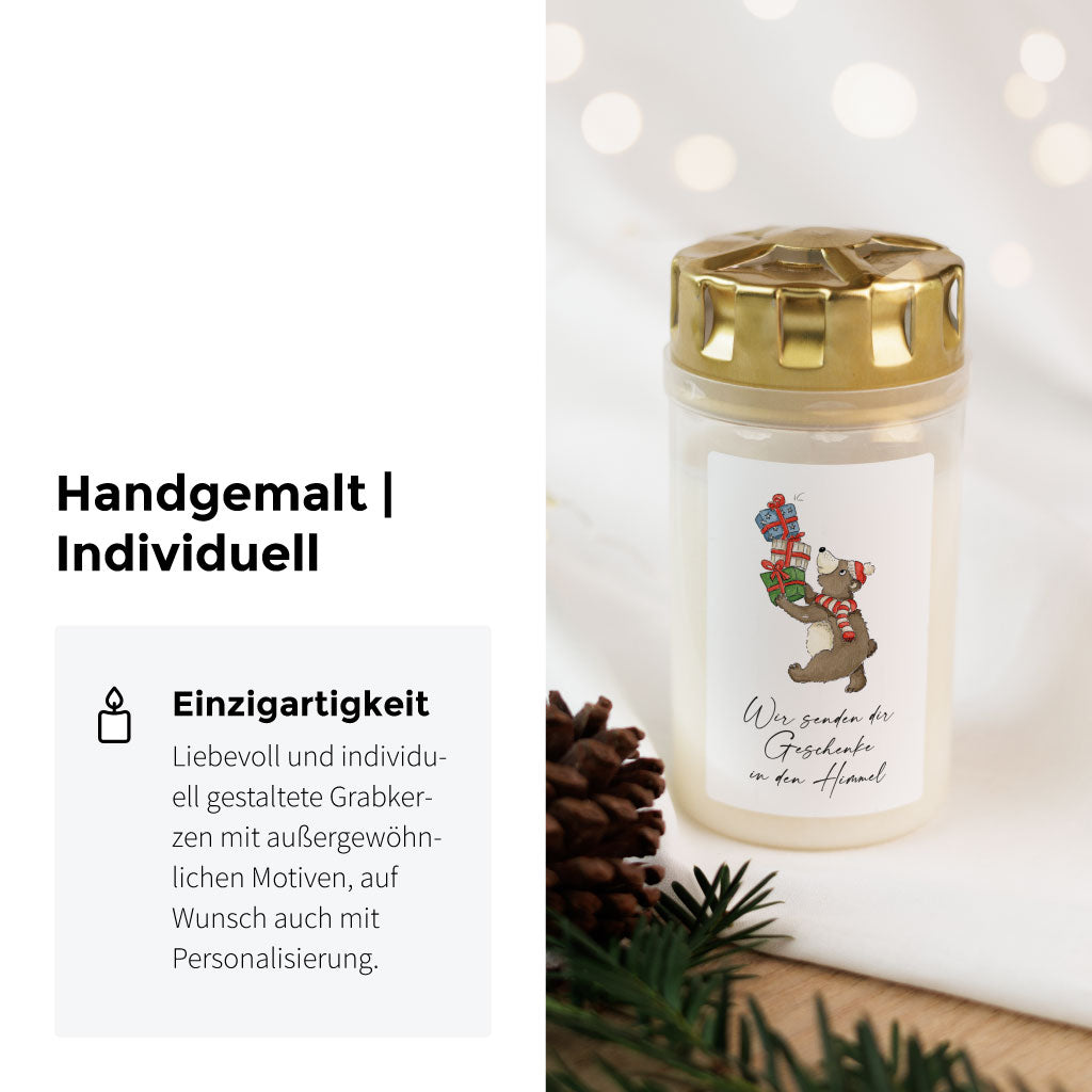 Handgemaltes liebevolles Aquarell Motiv mit Bär und Geschenken