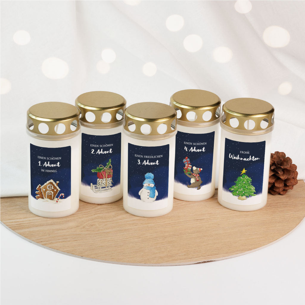 Fünfteiliges Grabkerzen-Set mit handgemalten Aquarellmotiven für Advent und Weihnachten, ideal für Sternenkinder und Erwachsene.
