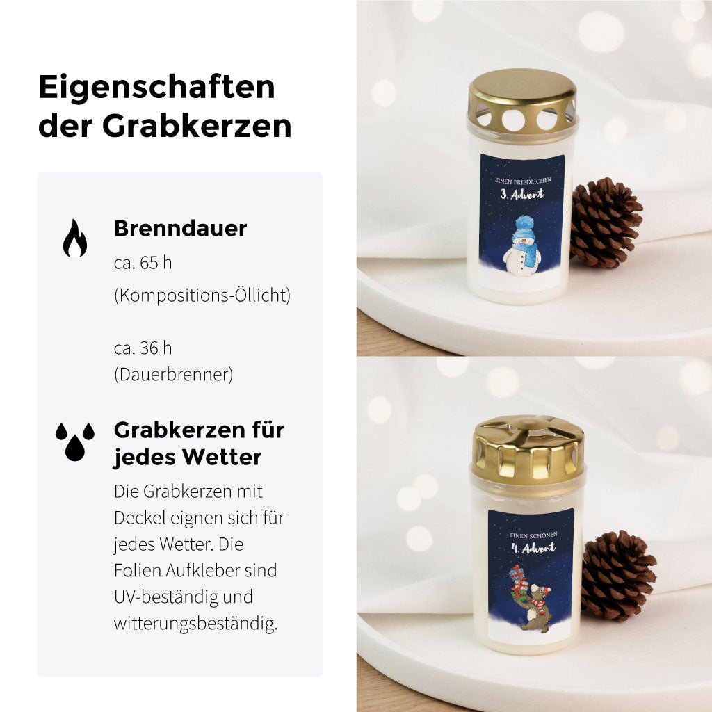 Detailaufnahme der Grabkerzen zum 3. und 4. Advent mit winterlichen Motiven – wetterfest, langlebig und ideal für Weihnachten am Grab.