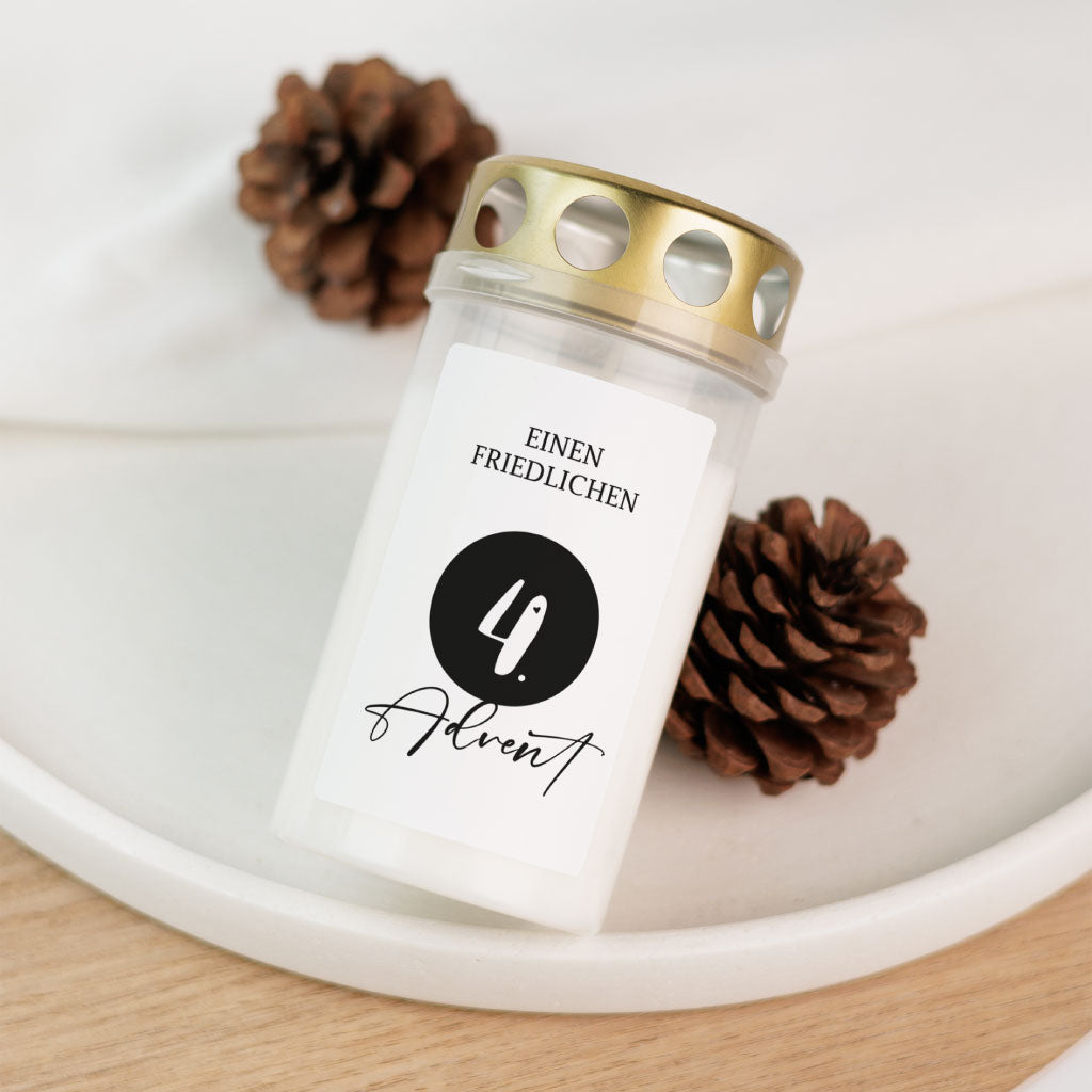 Einzelne Grabkerze mit der Aufschrift „4. Advent“ im modernen Schwarz-Weiß-Design – ideal für liebevolle Erinnerungen an Weihnachten im Himmel.