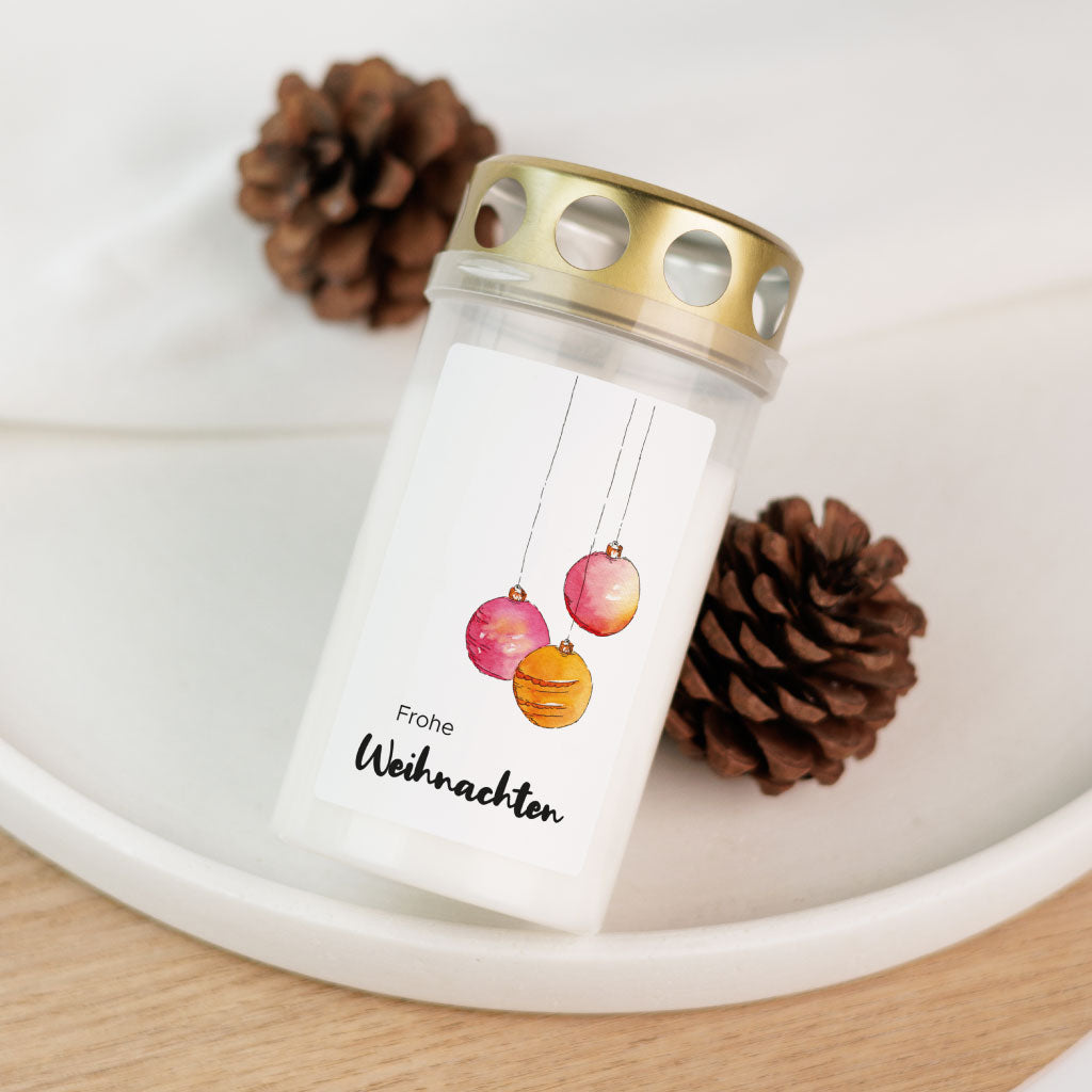 Grablicht "Frohe Weihnachten" mit Christbaumkugeln