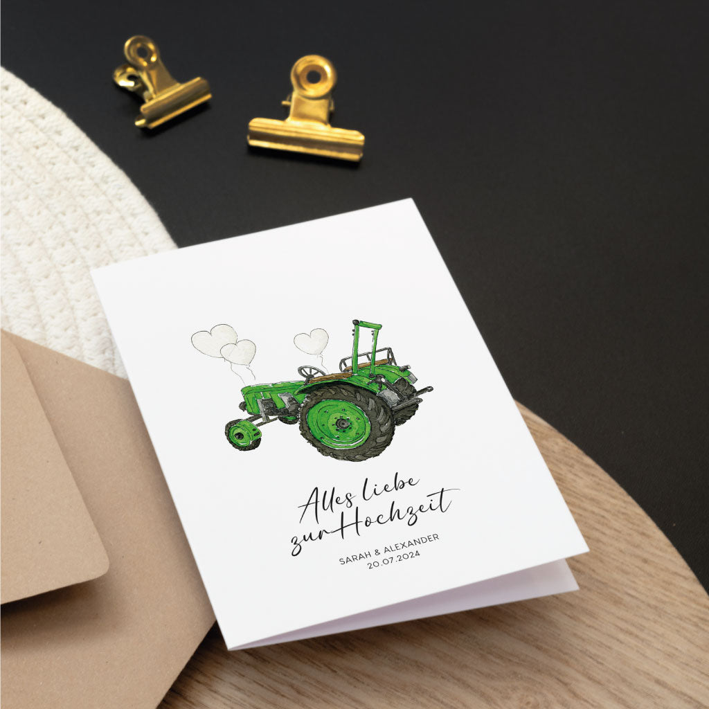 Glückwunschkarte zur Hochzeit mit Traktor und Luftballons