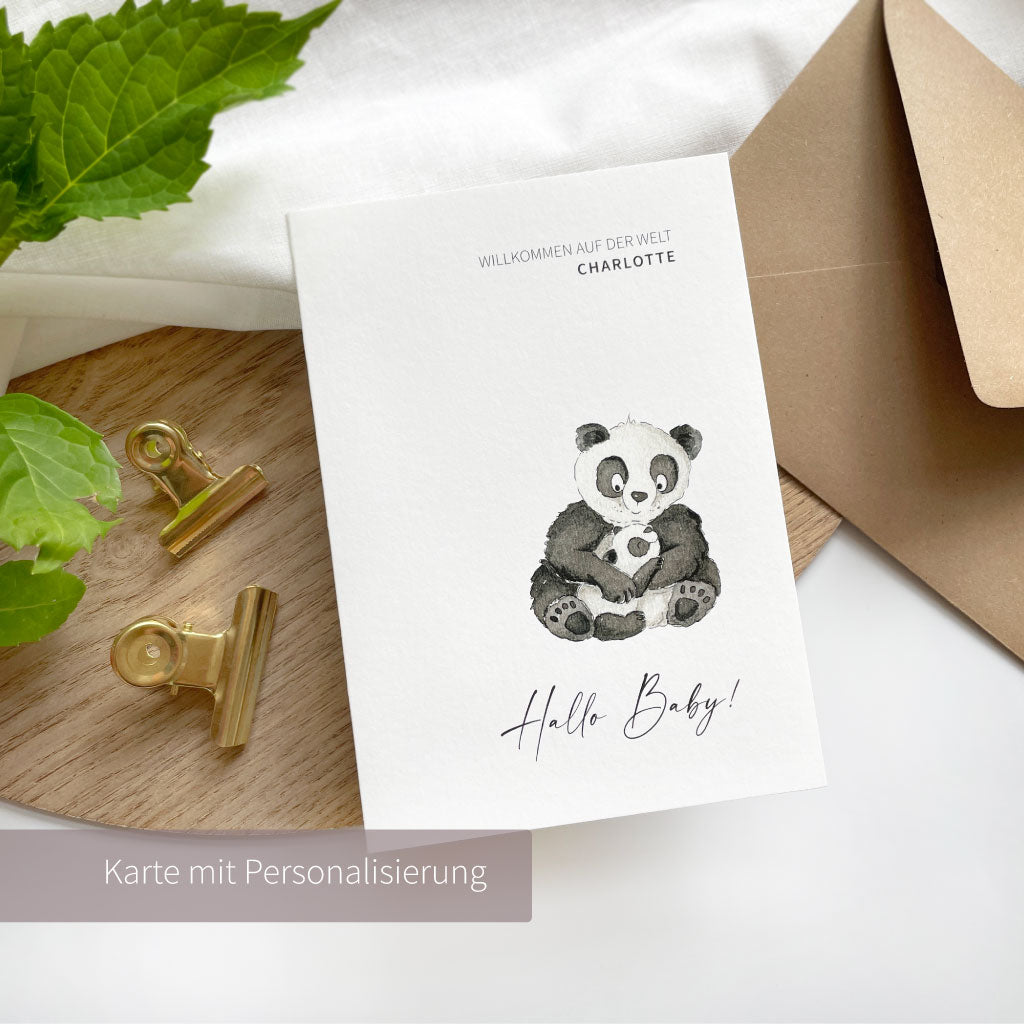 Aquarell Motiv Panda Bären auf Babykarte