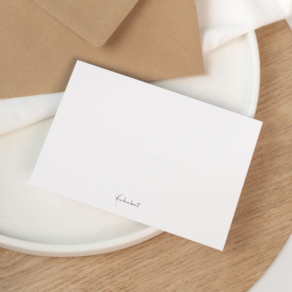 Rückseite der Karte: schlichte weiße Kartenrückseite mit kleinem Funkenbunt-Logo, passend zur Glückwunschkarte zur Geburt.