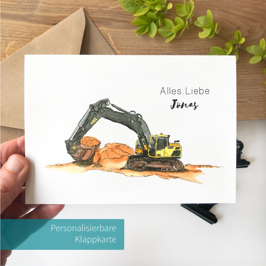 Personalisierbare Glückwunschkarte mit Baustellen Bagger