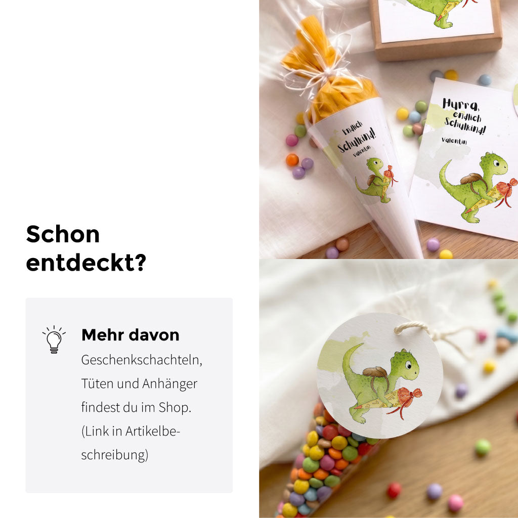DIY Bastelset für mini Schultüten und runde Geschenkanhänger mit dem passenden Dino Motiv.