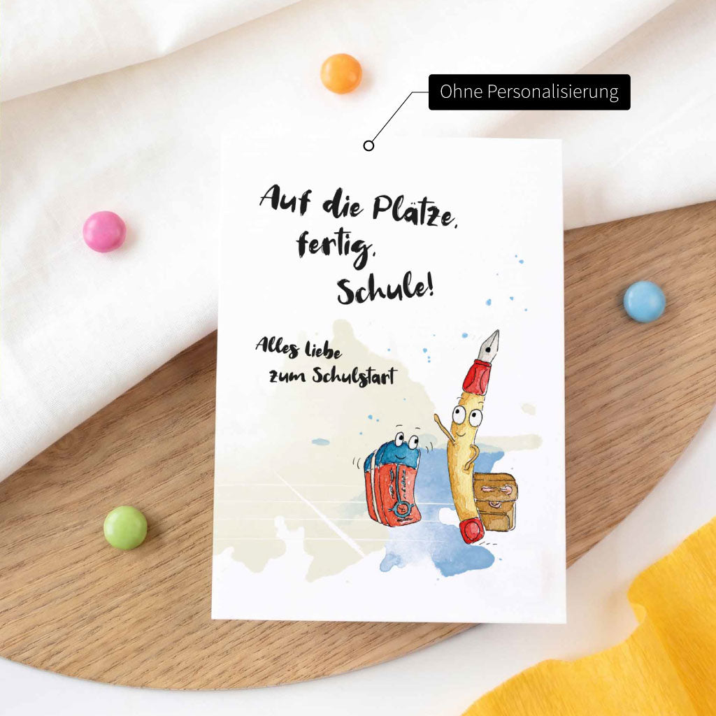 Karte Einschulung ohne Personalisierung mit Text Auf die Plätze fertig Schule und Stifte Aquarell Motiv.