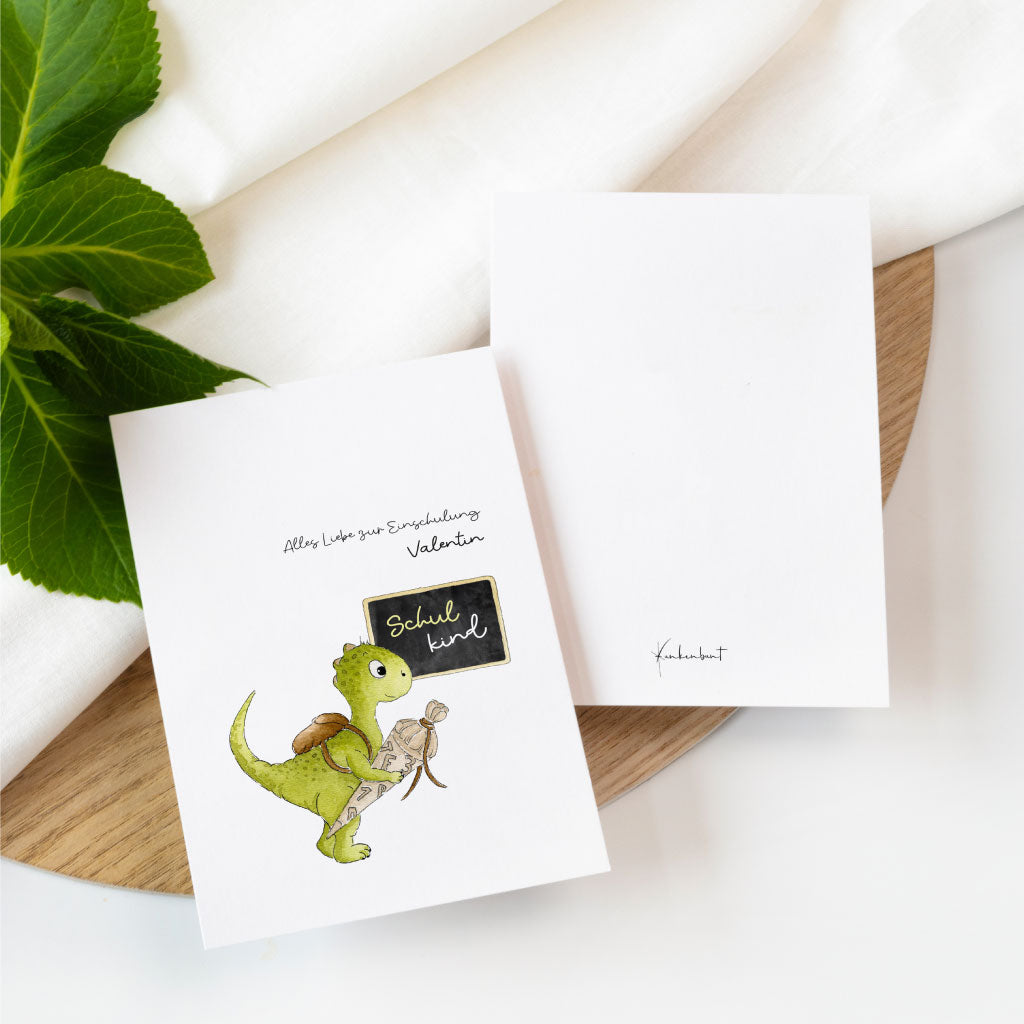 Karte Aquarell Dino und personalisiertem Name und Umschlag aus Kraftpapier