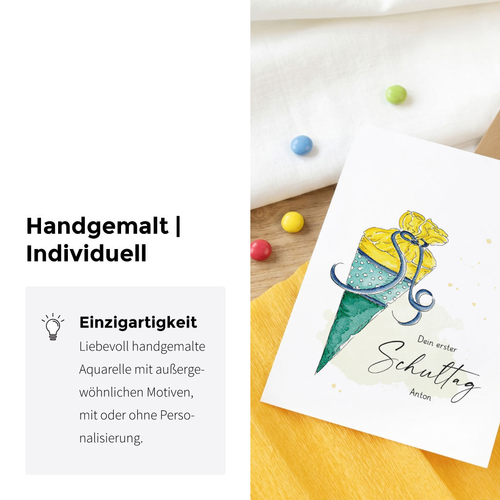 Detailansicht der Einschulungskarte für Jungen. Einzigartiges handgemaltes Schultüten Aquarell Motiv mit Personalisierung.