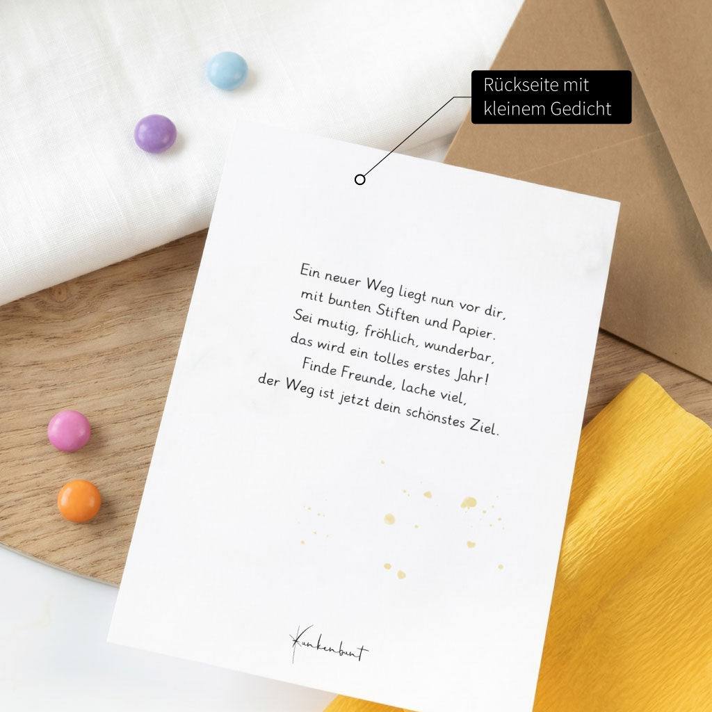 Rückseite der Glückwunschkarte zur Einschulung mit einem kurzen Gedicht für das Schulkind und dem Funkenbunt Logo unten.