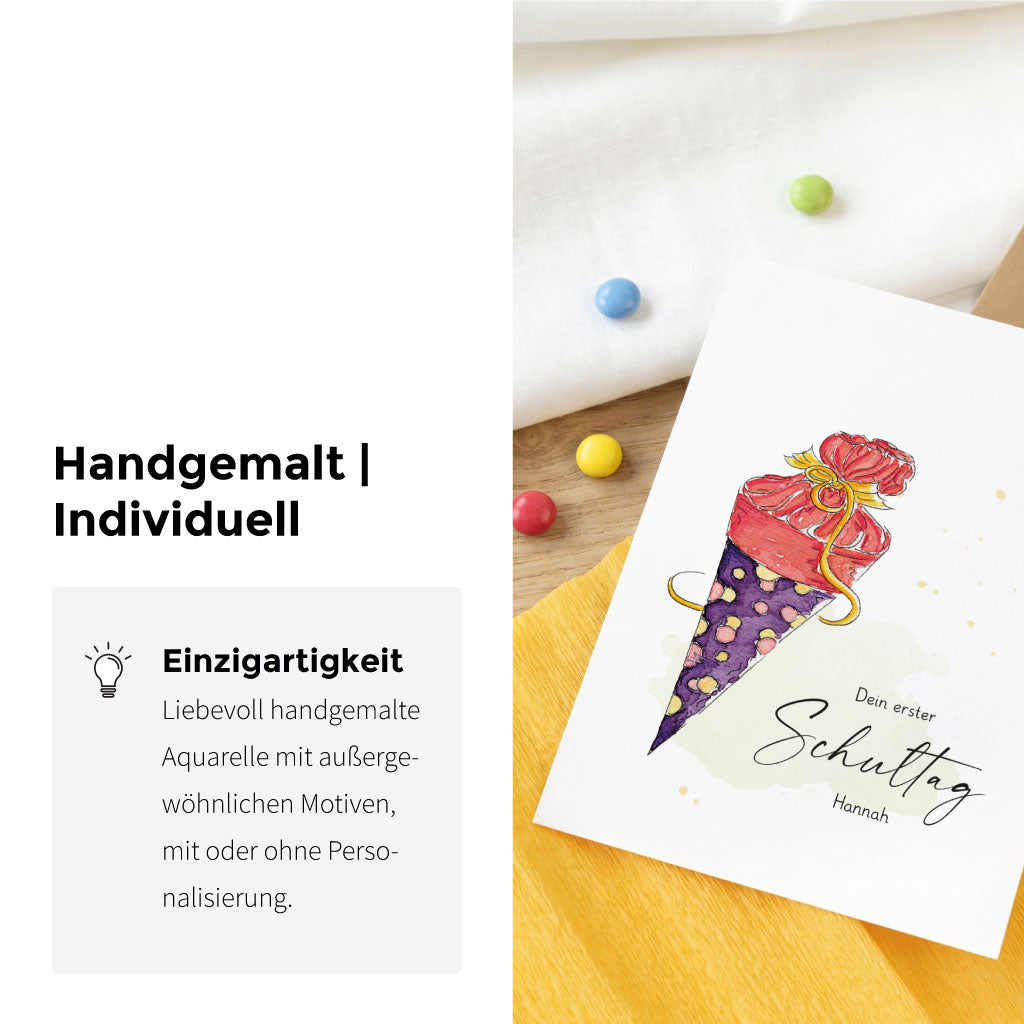 Einzigartige Karte zur Einschulung für Mädchen. Zeigt unser detailreiches Schultüten Aquarell Motiv.