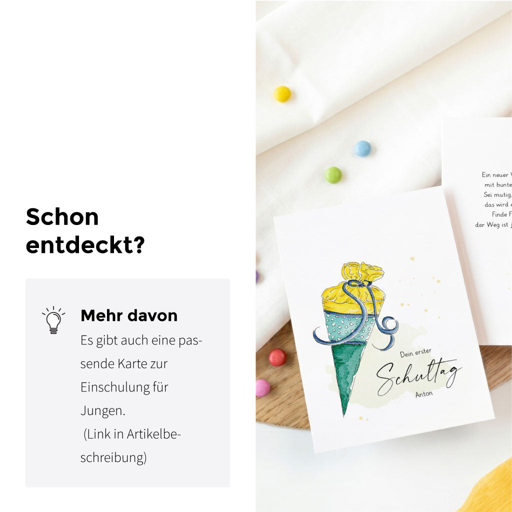 Entdecke auch unsere passenden Karten zur Einschulung für Jungen mit blauem Schultüten Aquarell Motiv.