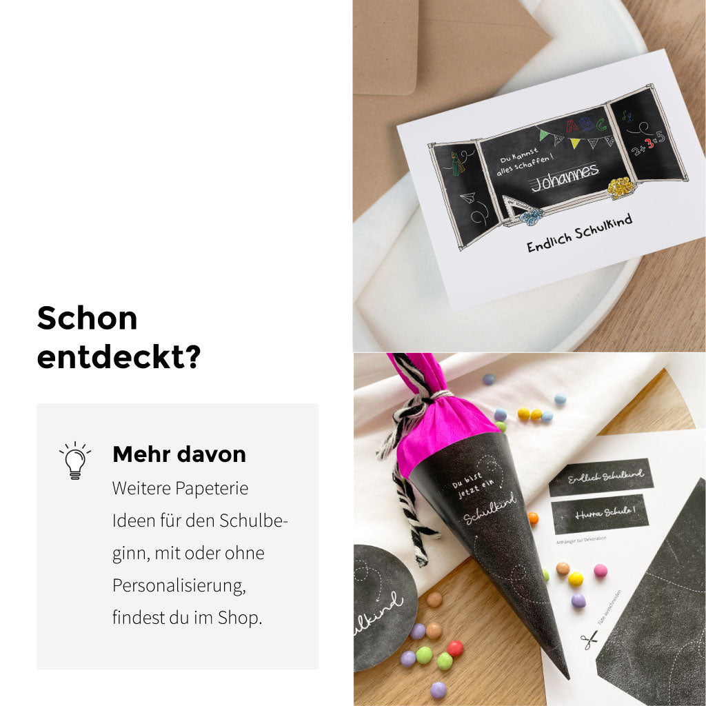 Schon entdeckt? Schulanfang-Set mit Schultüte und ergänzenden Karten – passende Ideen zur Einschulung, mit oder ohne Personalisierung.