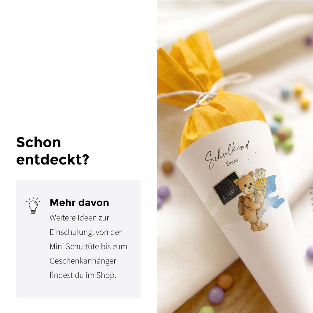 Passende Mini Schultüte mit Bär Aquarell Motiv als weitere Idee zur Einschulung.