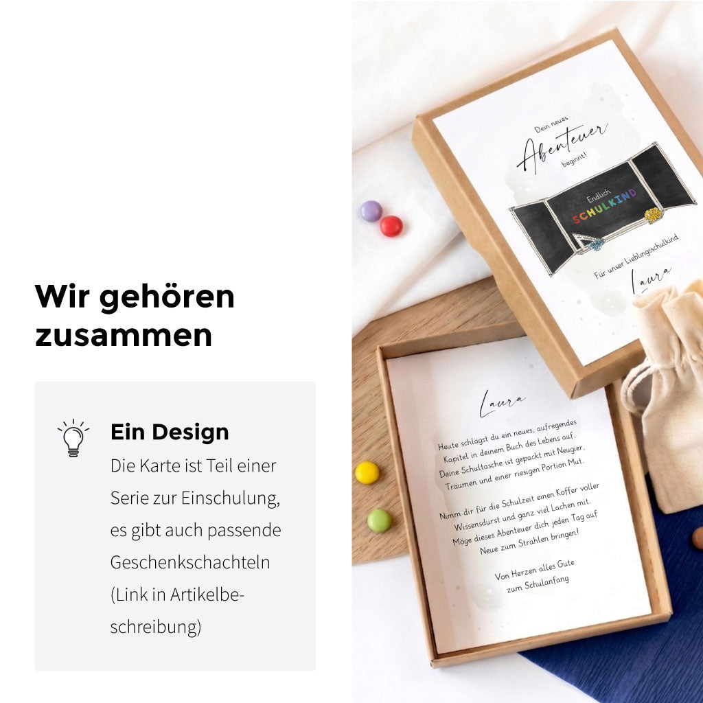 Die Karte ist Teil einer Serie zur Einschulung, es gibt auch passende Geschenkschachteln für Geldgeschenke oder Gutscheine.