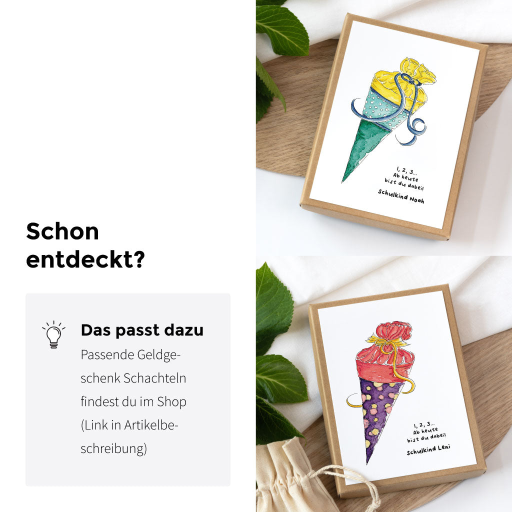 Das Motiv gibt es auch auf einer Geschenkschachtel zur Einschulung