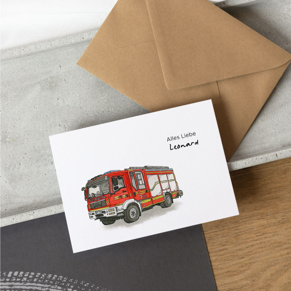Glückwunschkarte "Alles Liebe" mit Feuerwehr Einsatzwagen