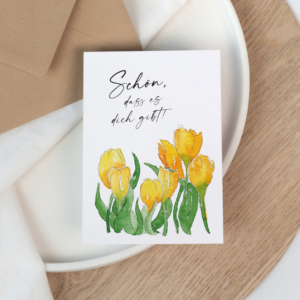 Unter Schrift handgenaltes Blumen Aquarell mit gelben Krokussen