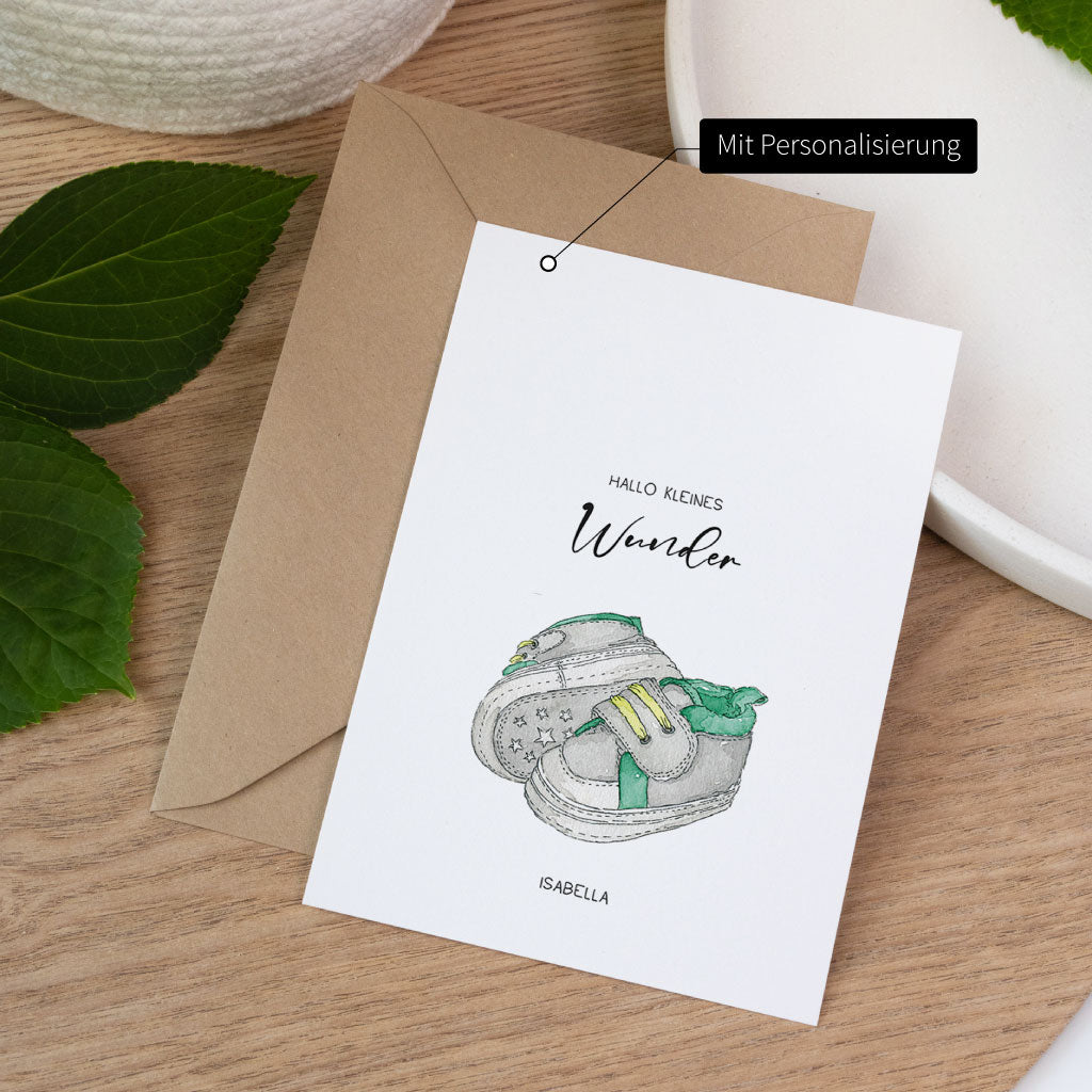 Personalisierbare Geburtskarte mit handgemaltem Aquarellmotiv, Glückwunschkarte für Eltern zur Geburt eines Babys