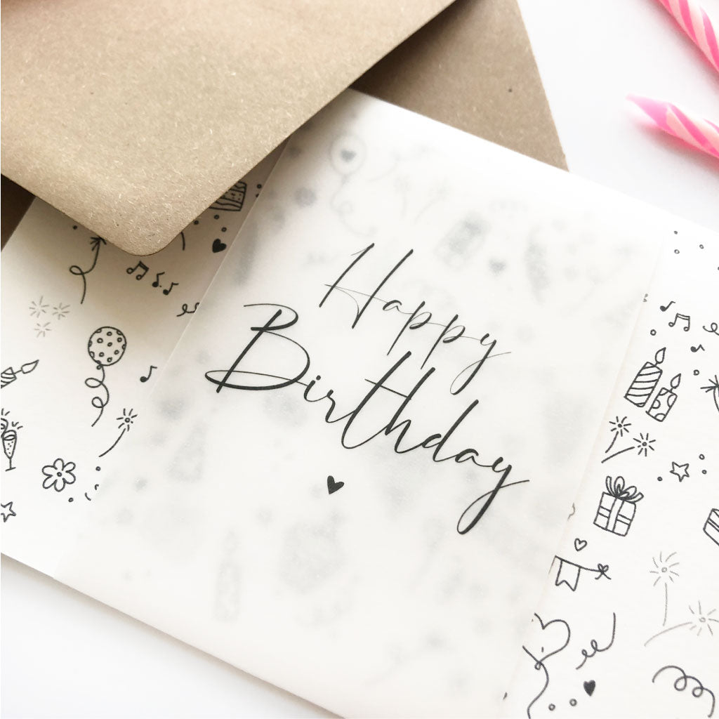 Banderole mit Text "Happy Birthday" und Herz, weiße Karte mit schwarzen Geburtstags Doodles