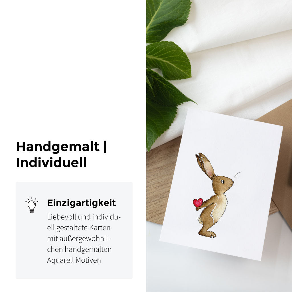 Handgemalter Aquarell Hase mit Herz