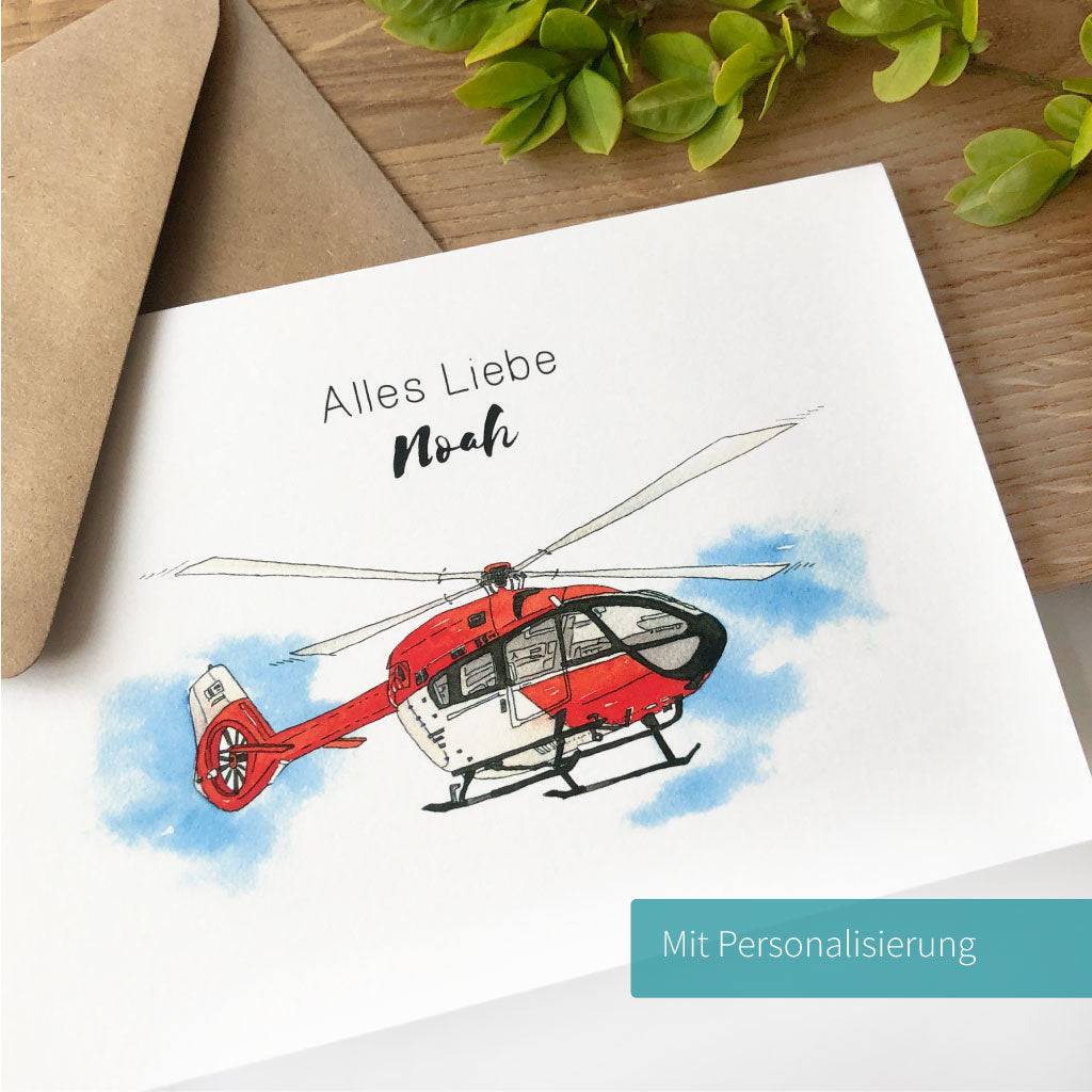 Geburtstagskarte mit Hubschrauber Aquarell Motiv