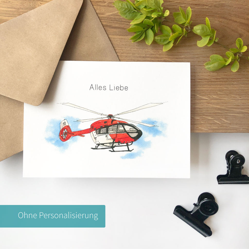 Handgemaltes Helikopter Aquarell Motiv auf Klappkarte