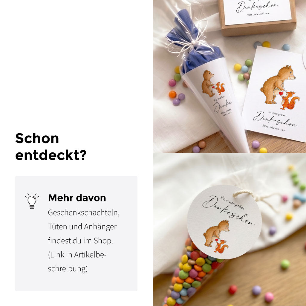 DIY-Inspiration zum Abschied: Detailaufnahmen der Mini-Schultüte und des Anhängers aus der Papeterie-Serie mit Bär- und Eichhörnchen-Motiv.