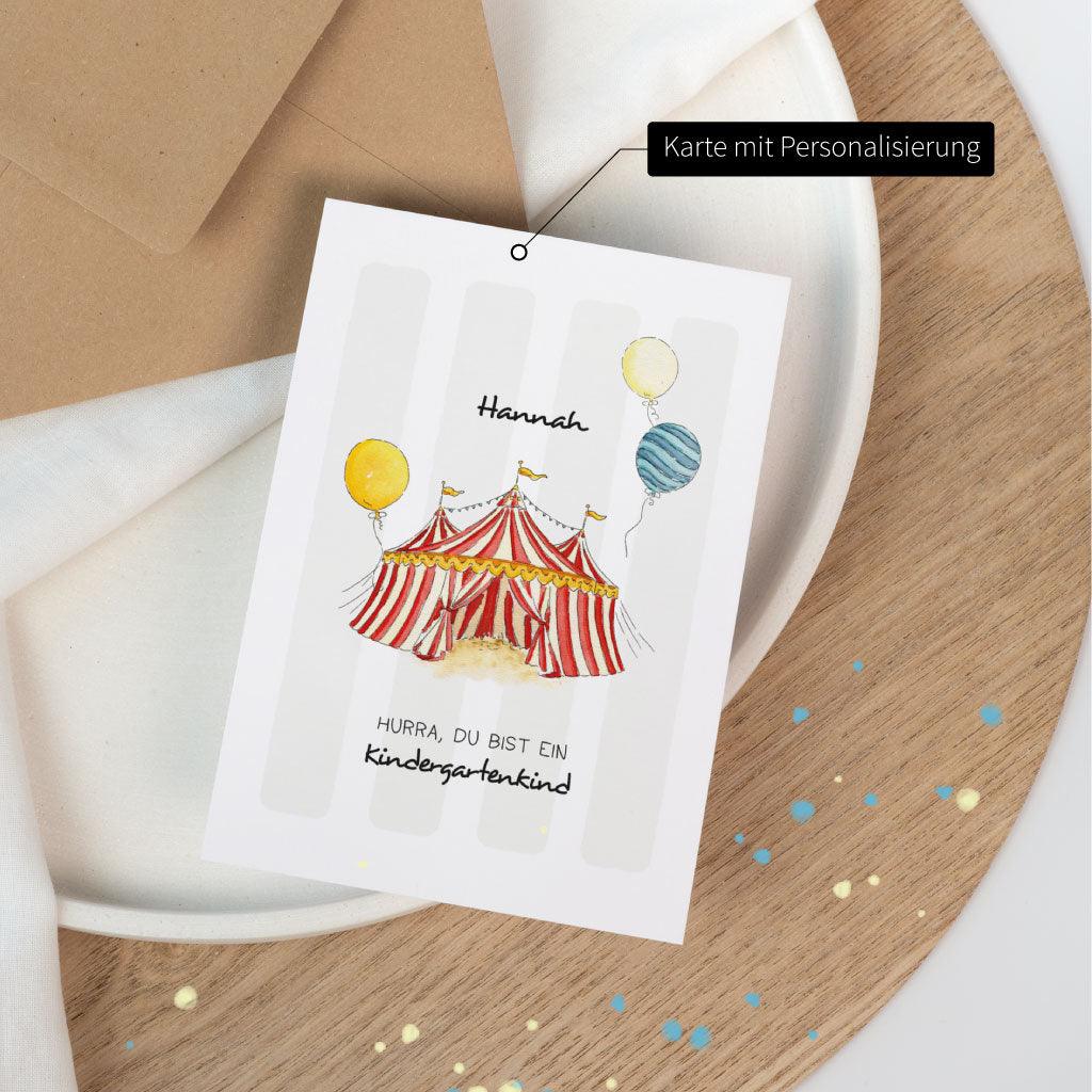 Produktbild „Karte mit Personalisierung“: personalisierbare Glückwunschkarte mit Name „Hannah“, Zirkusmotiv und Text zum Kindergarten-Anfang