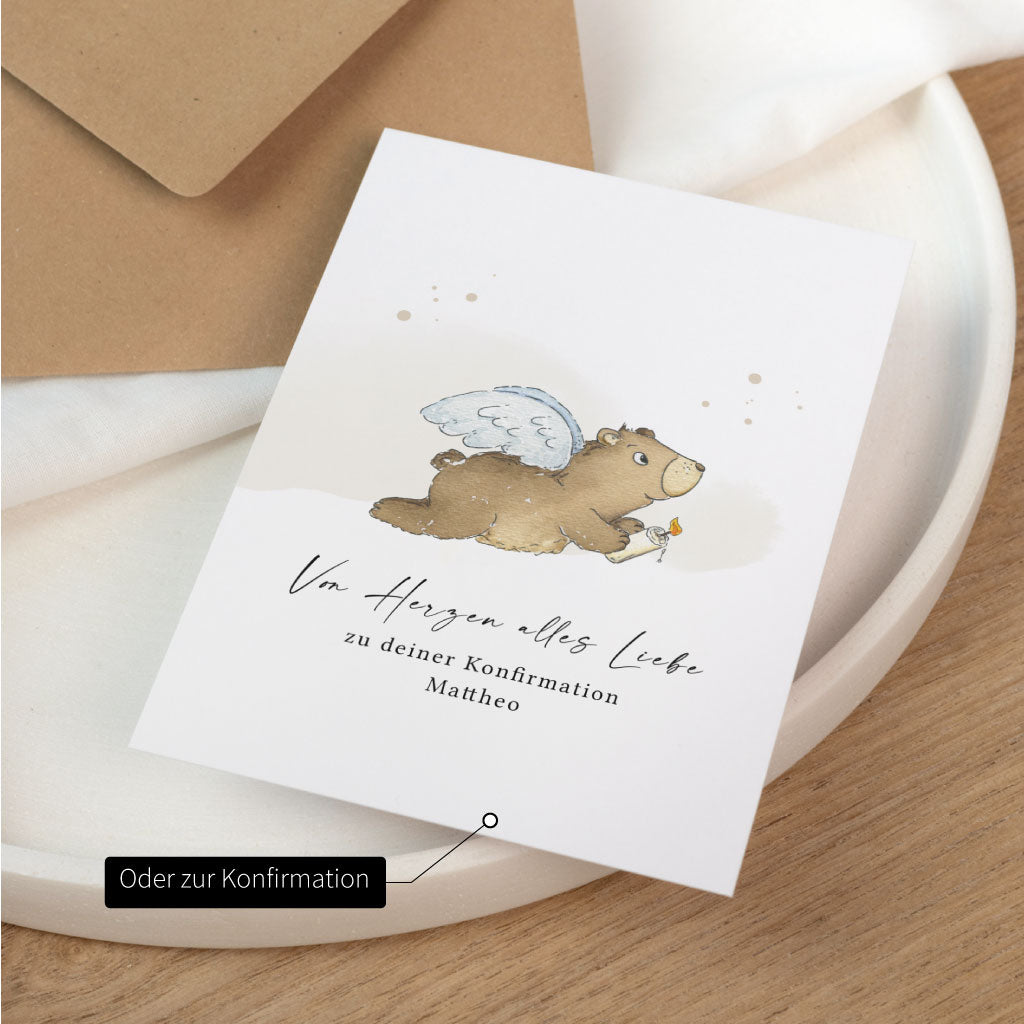 Glückwunschkarte zur Konfirmation mit handgemaltem Bärenmotiv und Wunschname, personalisierbar für ein christliches Familienfest