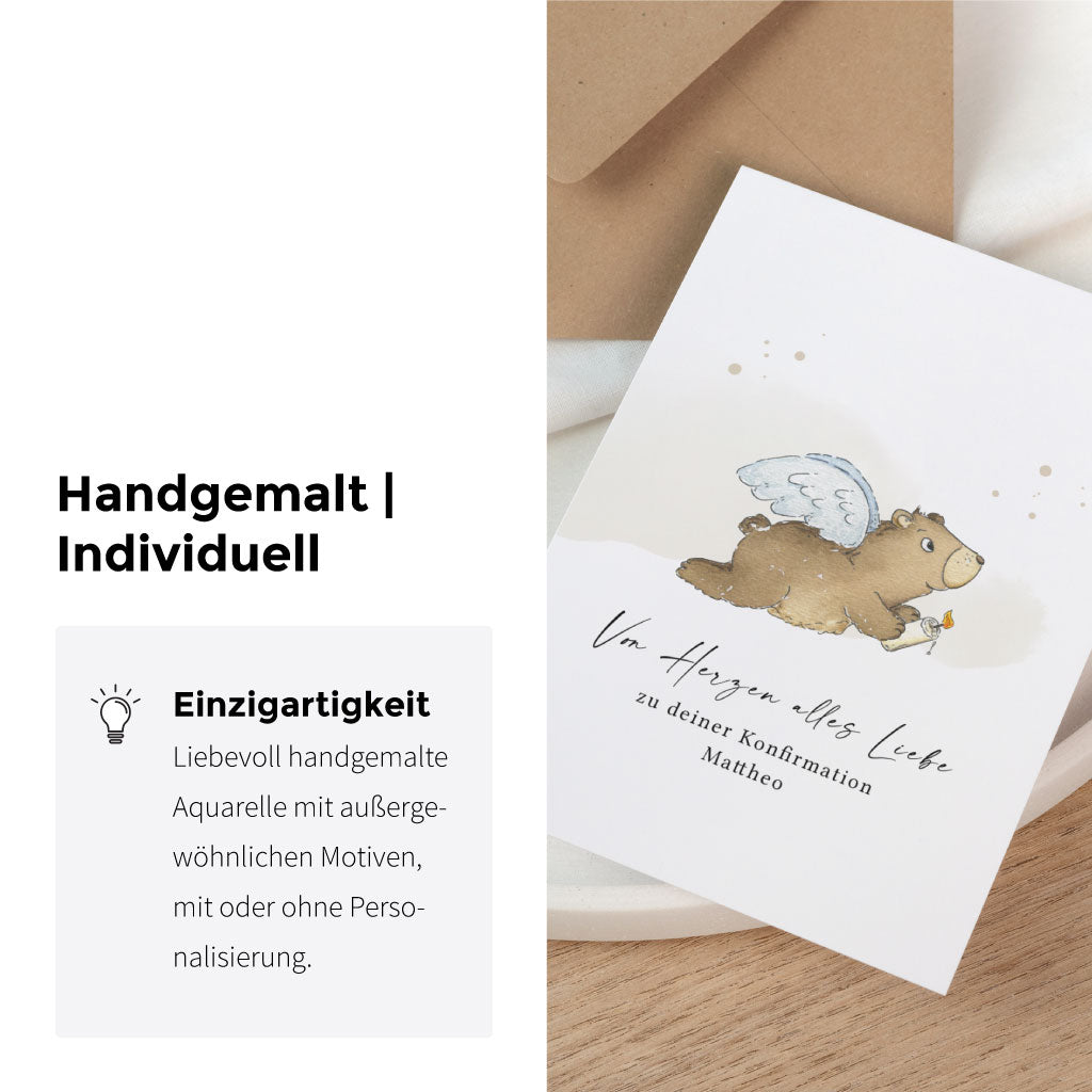 Personalisierbare Glückwunschkarte zur Konfirmation mit handgemaltem Motiv und Hinweis auf individuelle Gestaltung