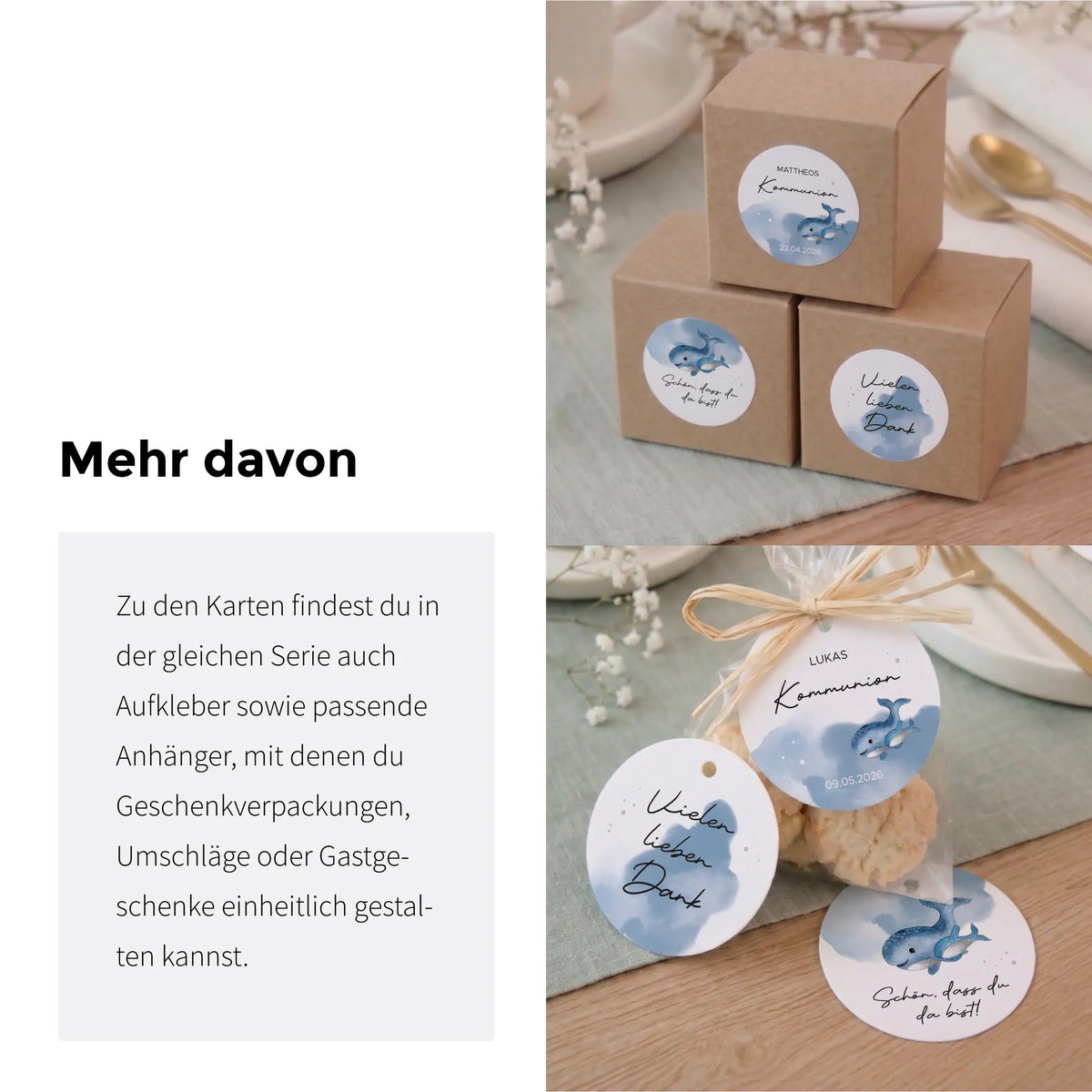 Personalisierbare Papeterie-Serie mit Walmotiv für Kommunion, Konfirmation und Taufe, passend zur Klappkarte mit Name für Einladung, Feier und Geschenk