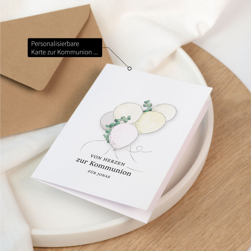 Personalisierbare Karte zur Kommunion mit Luftballon Aquarell Motiv als schönes Geschenk für Kinder.