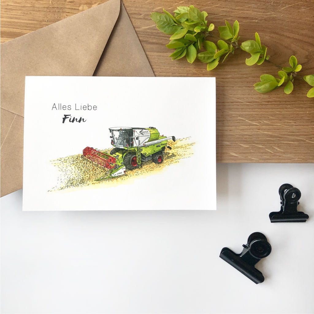 Geburttstagskarte mit Mähdrescher Traktor und Text "Alles Liebe"