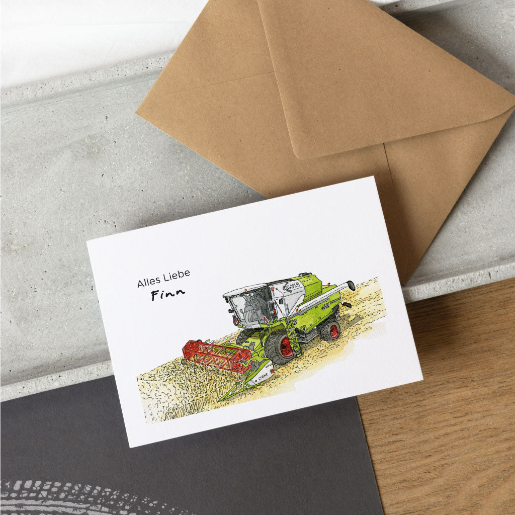 Geburtstagskarte mit Mähdrescher Traktor und Text "Alles Liebe"