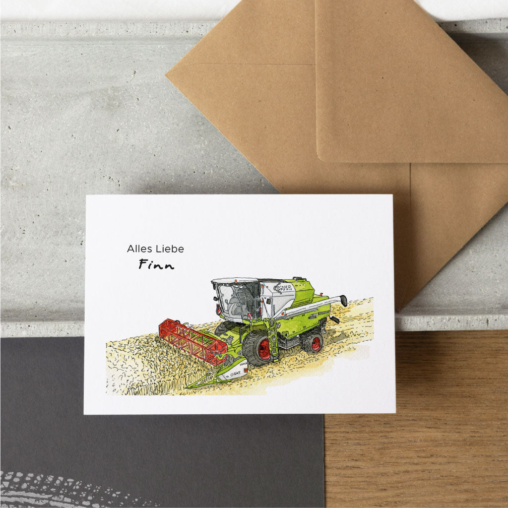 Personalisierbare Glückwunschkarte mit Aquarell Mähdrescher Landwirtschaft Maschine
