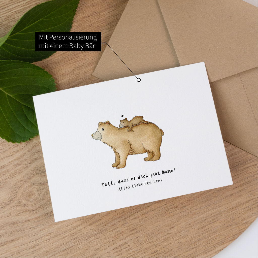Personalisierte Grußkarte als Geschenk für Mama. Bären Aquarell Motiv mit einem niedlichen Babybär.