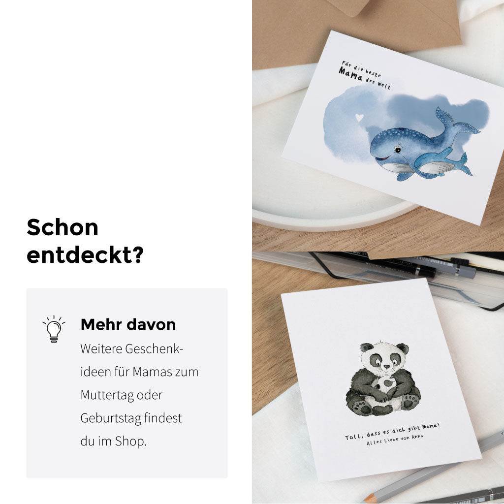 Weitere liebevolle Geschenkideen für Mamas im Online Shop wie das Wal oder Panda Aquarell Motiv.