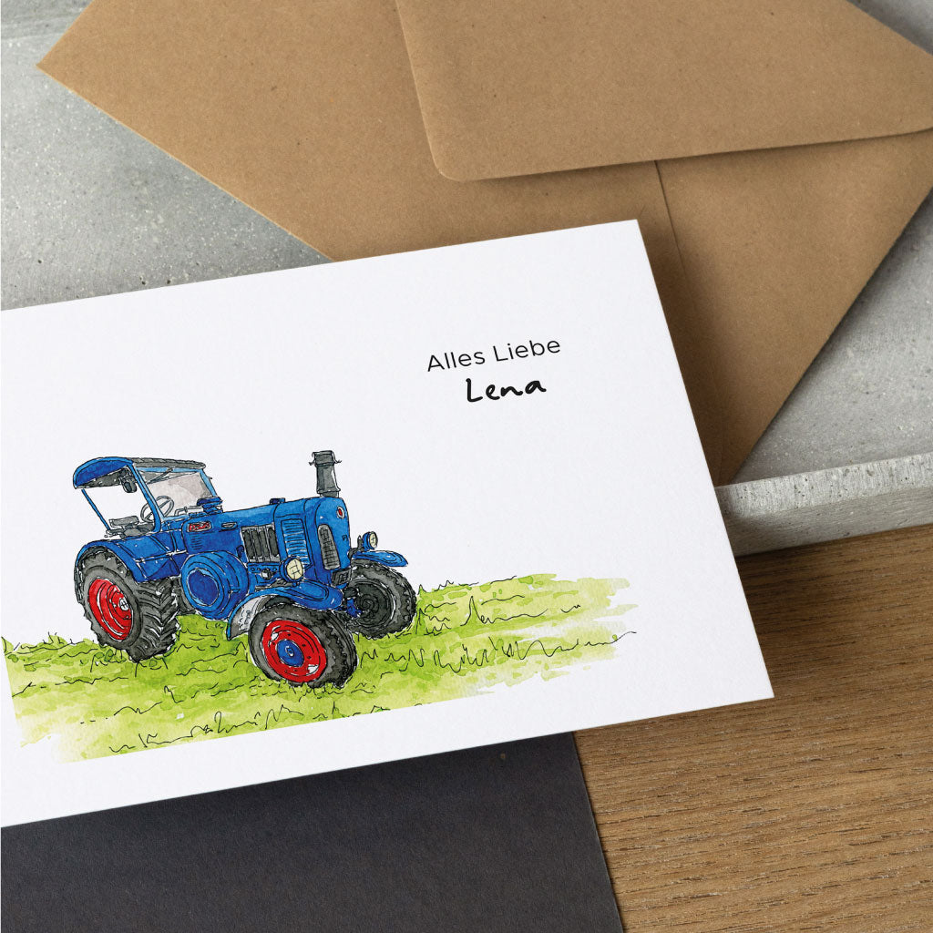 Personalisierbare Glückwunschkarte mit Oldtimer Traktor