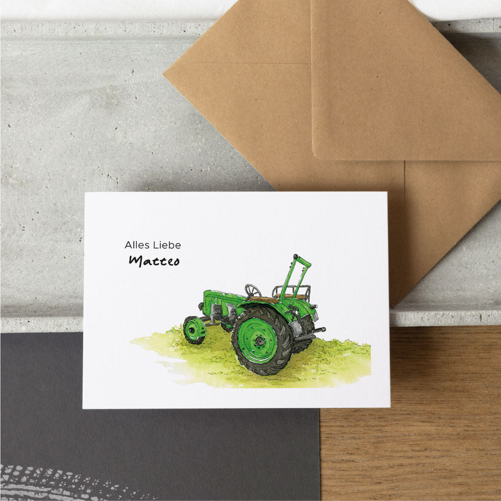 Glückwunschkarte mit Oldtimer Traktor