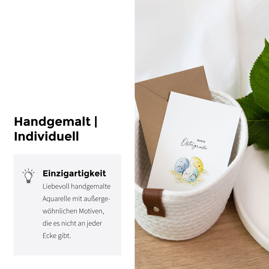 Handgemalte Osterkarte mit Ostereiern im Aquarell Stil, Klappkarte zu Ostern mit frühlingshaftem Motiv.