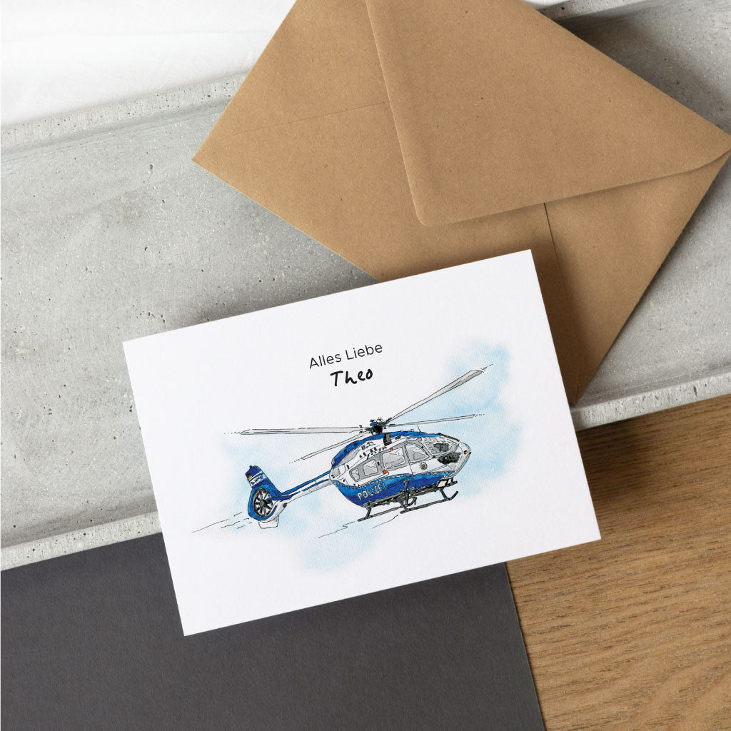 Glückwunschkarte mi t Polizei Hubschrauber und Spruch: Alles Liebe
