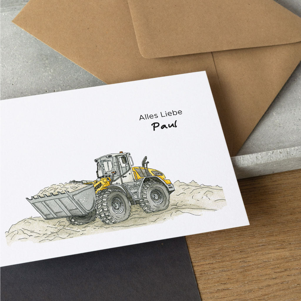 Personalisierbare Klappkarte mit Aquarell Radlader und Text "Alles Liebe"