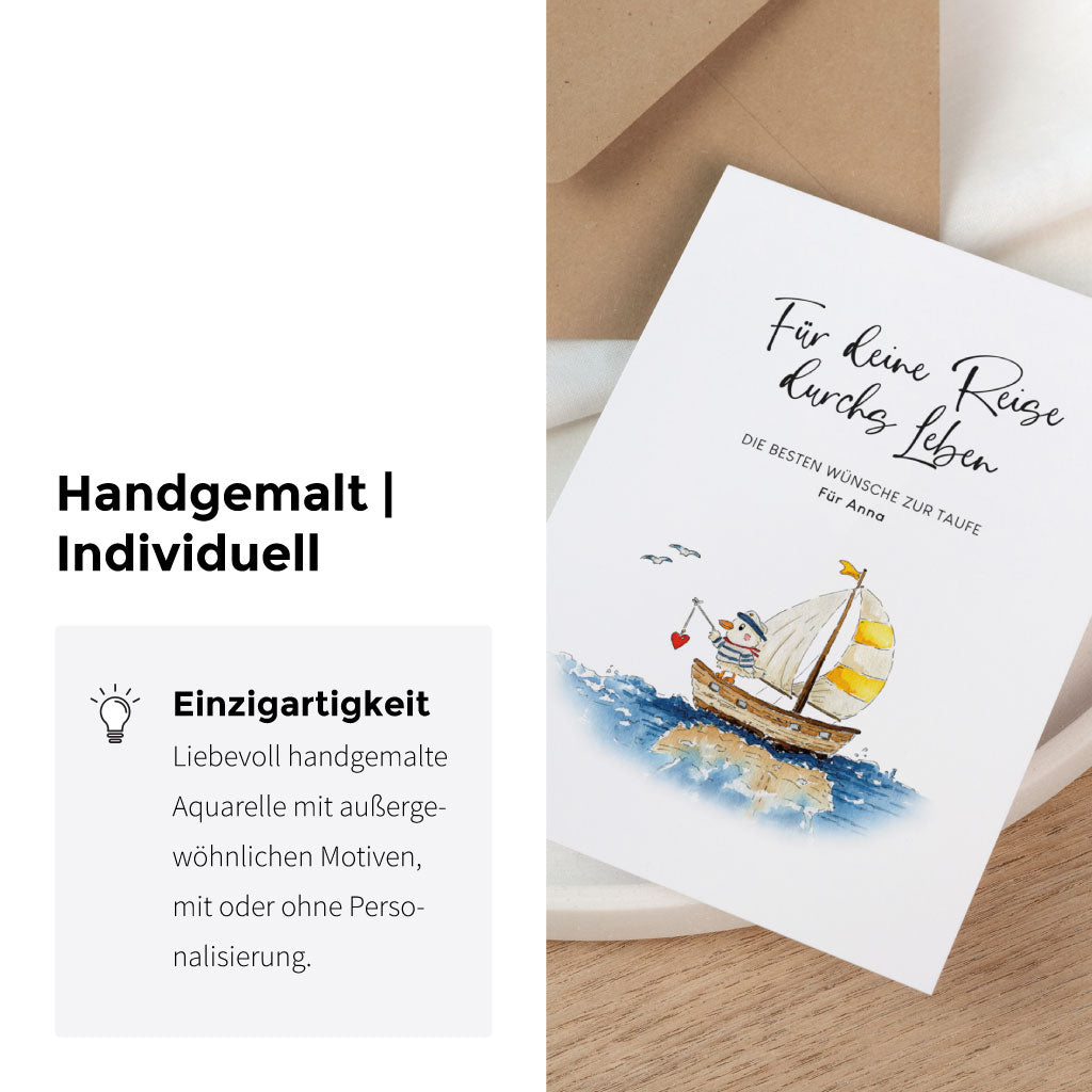 Detailansicht der personalisierbaren Taufkarte mit liebevoll handgemaltem Segelschiff Aquarell Motiv für Babys.
